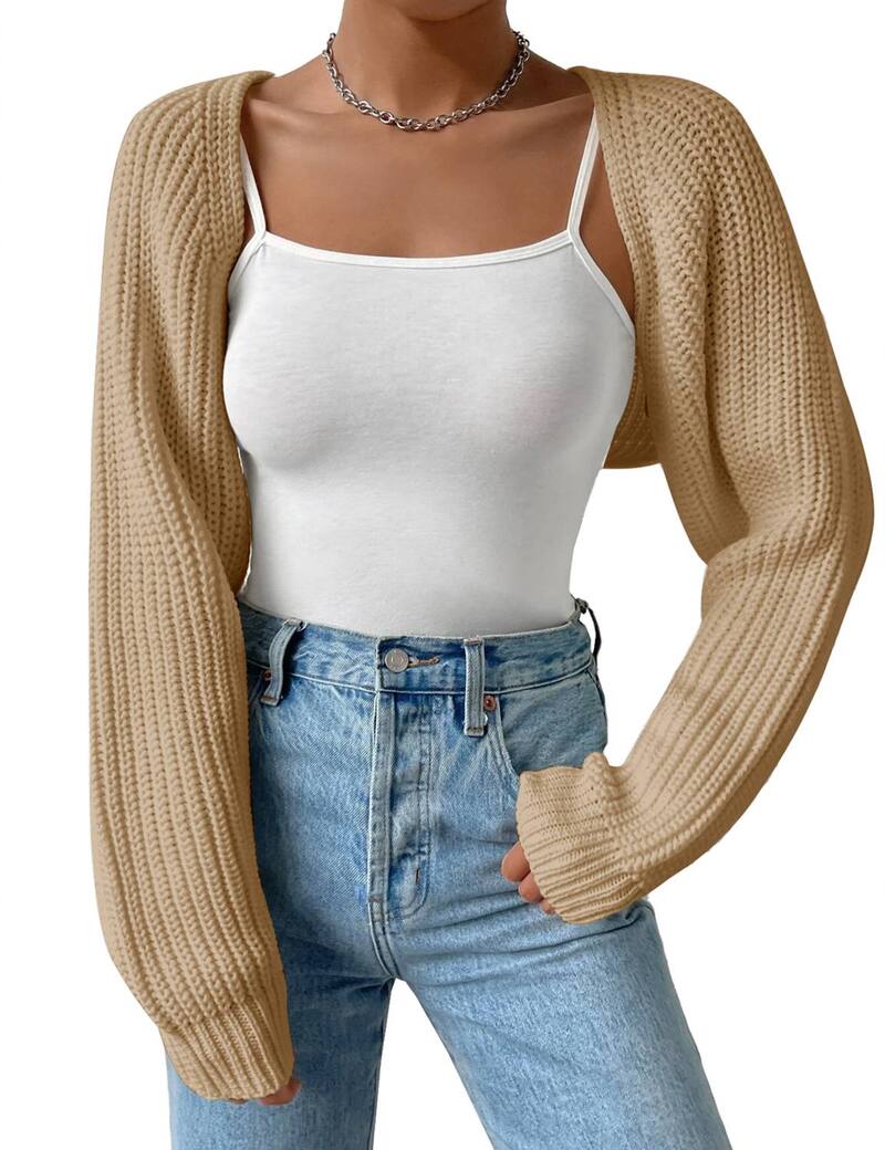 ファンジュライ レディース アウター 編み物・スウェーター ジレー FUNJULY Women\u0027s Open Front Knit Crop Long Sleeve Cardigan Shrug Sweater Cover-Up Khaki カーキ