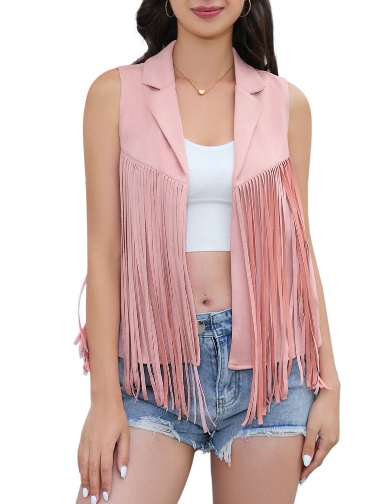 ファンジュライ レディース アウター 上衣・上衣 より良い スエードクロス ノースリーブ フリンジ FUNJULY Women\u0027s Western Style Faux Suede Fringe Vest Sleeveless Lapel Collar Open Front Vest Pink サクラ色