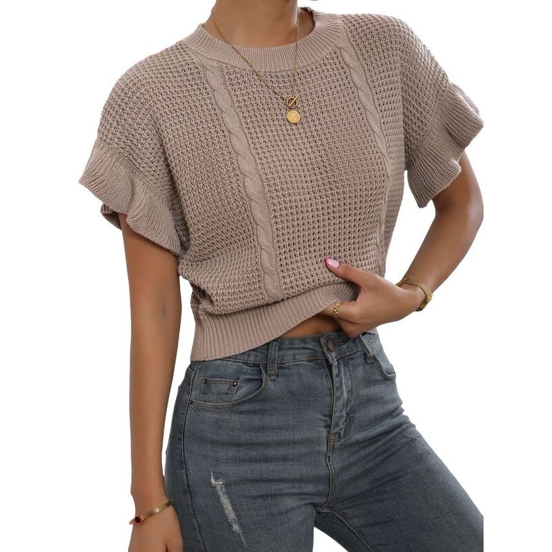 イエスファッション レディース アウター ニット・セーター フリル クロップド Yesfashion Women's Cable Knit Cropped Sweateround Neck Ruffle Short Sleeve Openworknit Pullover Casual Top Apricot アプリコット｜ReVida 店