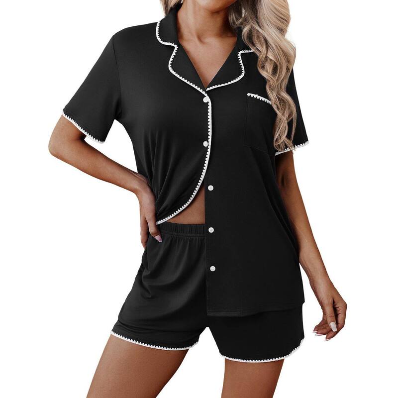エコアー レディース アンダーウェア ナイトウェア Ekouaer Pajamas for Women Set 2 Piece Soft Button Upjshort Sleeve Summer Lounge Sets Comfy Black ブラック｜ReVida 店