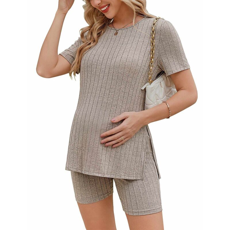 エコアー レディース アンダーウェア ナイトウェア リブ シャツ ショートパンツ ニット マタニティ Ekouaer Women's 2 Piece Ribbed Knit Maternity Shirt & Biker Shortset Grey グレー|ReVida 店