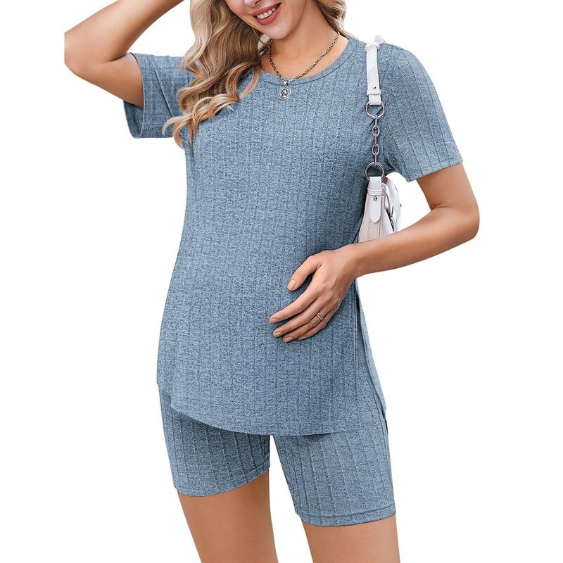 エコアー レディース アンダーウェア ナイトウェア リブ シャツ ショートパンツ ニット マタニティ Ekouaer Women's 2 Piece Ribbed Knit Maternity Shirt & Biker Shortset Light Blue ブルー|ReVida 店