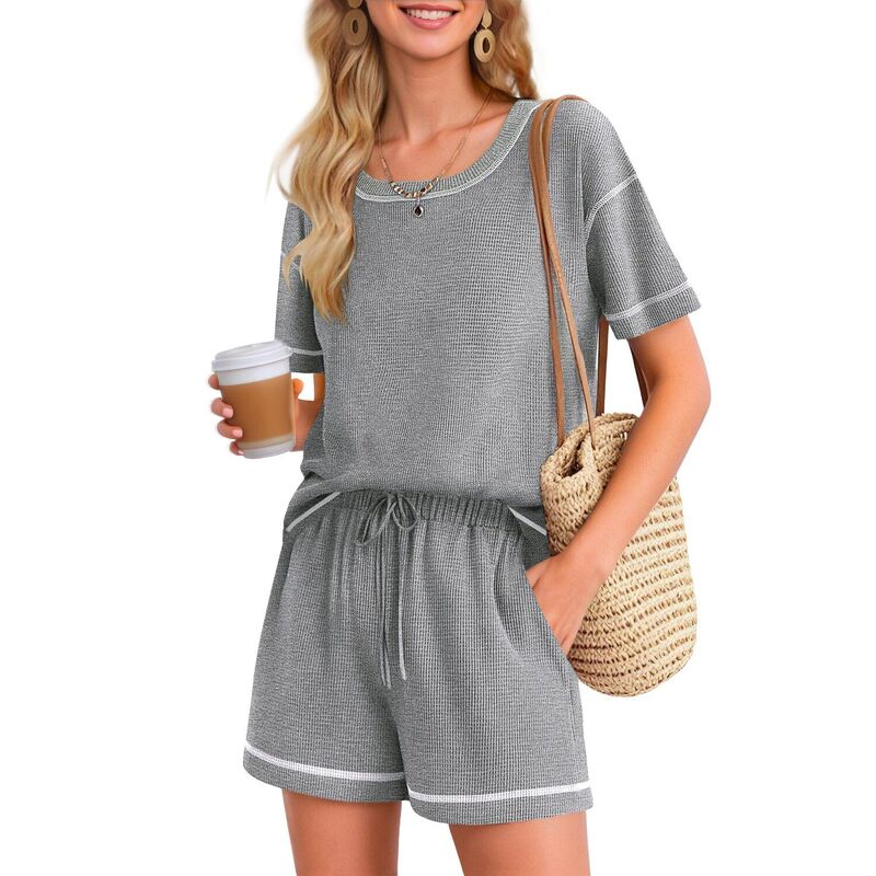 エコアー レディース アンダーウェア ナイトウェア ショートパンツ ニット Ekouaer Women' Waffle Knit 2 Pc Pajama Set Casual Shortset with Elastic Waist Pocket Light Gray グレー|ReVida 店
