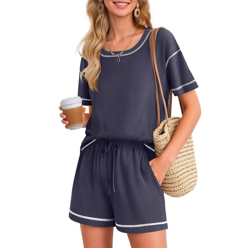 エコアー レディース アンダーウェア ナイトウェア ショートパンツ ニット Ekouaer Women' Waffle Knit 2 Pc Pajama Set Casual Shortset with Elastic Waist Pocket Navy Blue ネイビー｜ReVida 店