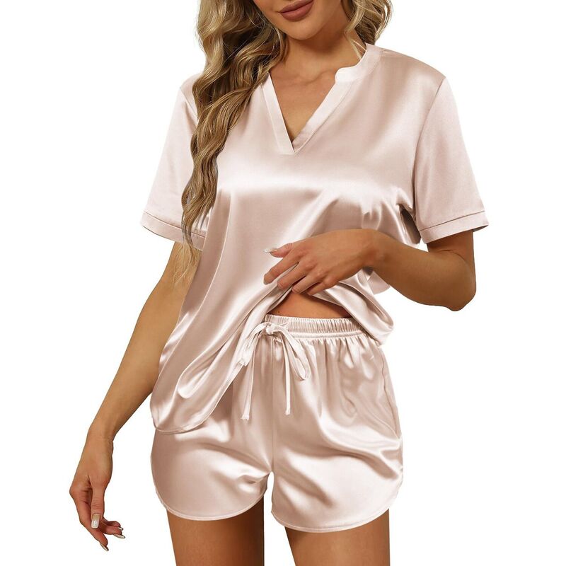 エコアー レディース アンダーウェア ナイトウェア Vネック シルク Ekouaer Silk Pajamas for Women Short Sleeve Sleepwear Two piece Pjset Soft V Neck Loungewear Champagne シャンパン｜ReVida 店