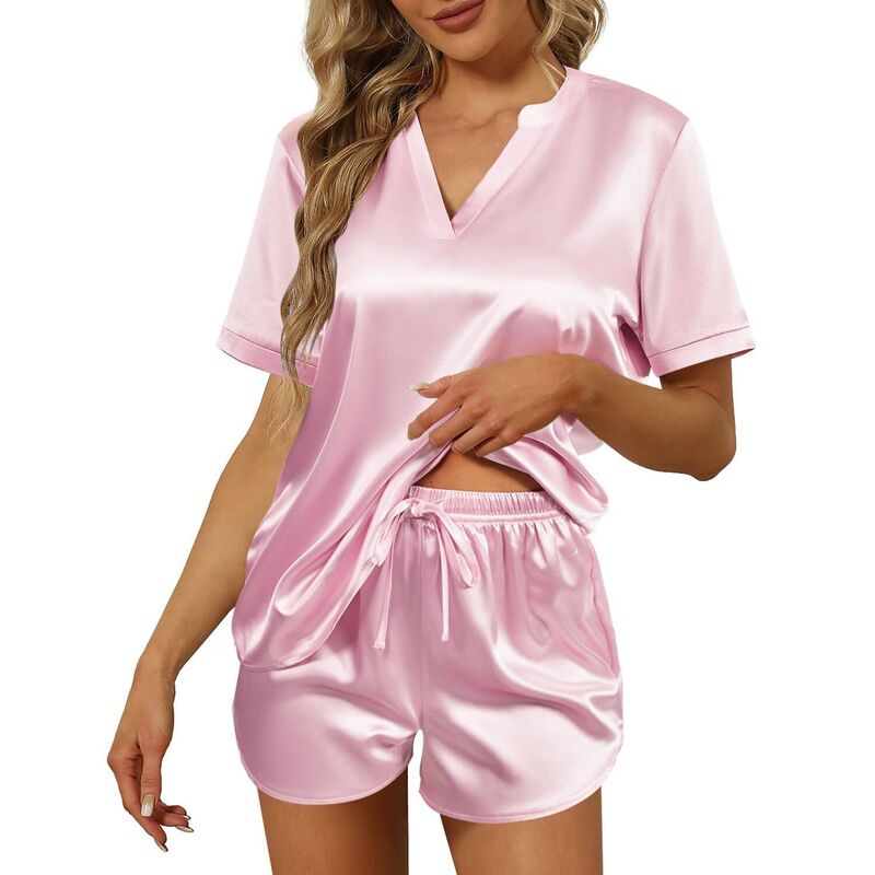 エコアー レディース アンダーウェア ナイトウェア Vネック シルク Ekouaer Silk Pajamas for Women Short Sleeve Sleepwear Two piece Pjset Soft V Neck Loungewear Pink ピンク｜ReVida 店
