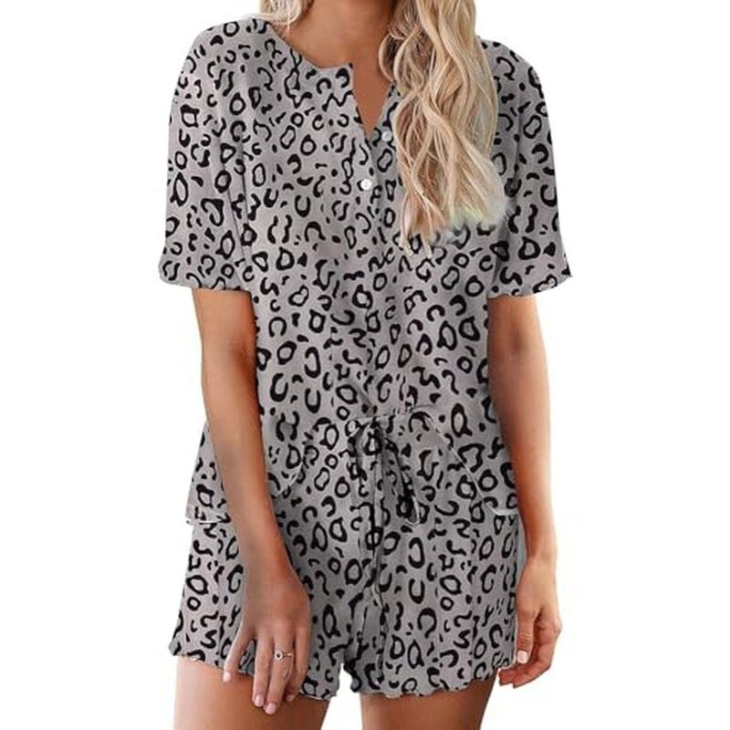 エコアー レディース アンダーウェア ナイトウェア Ekouaer Pajamaset for Women Short Sleeve Lounge Set 2 Piece Loungewear PJsoft Cute Lightweight Black Leopard ブラック｜ReVida 店