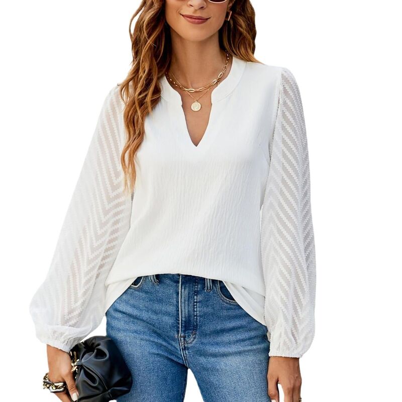 ファンジュライ レディース トップス シャツ Vネック シアー ブラウス FUNJULY Women's Romantic V Neck Blouse Sheer Puff Sleeve Tops for Date Nights White ホワイト|ReVida 店