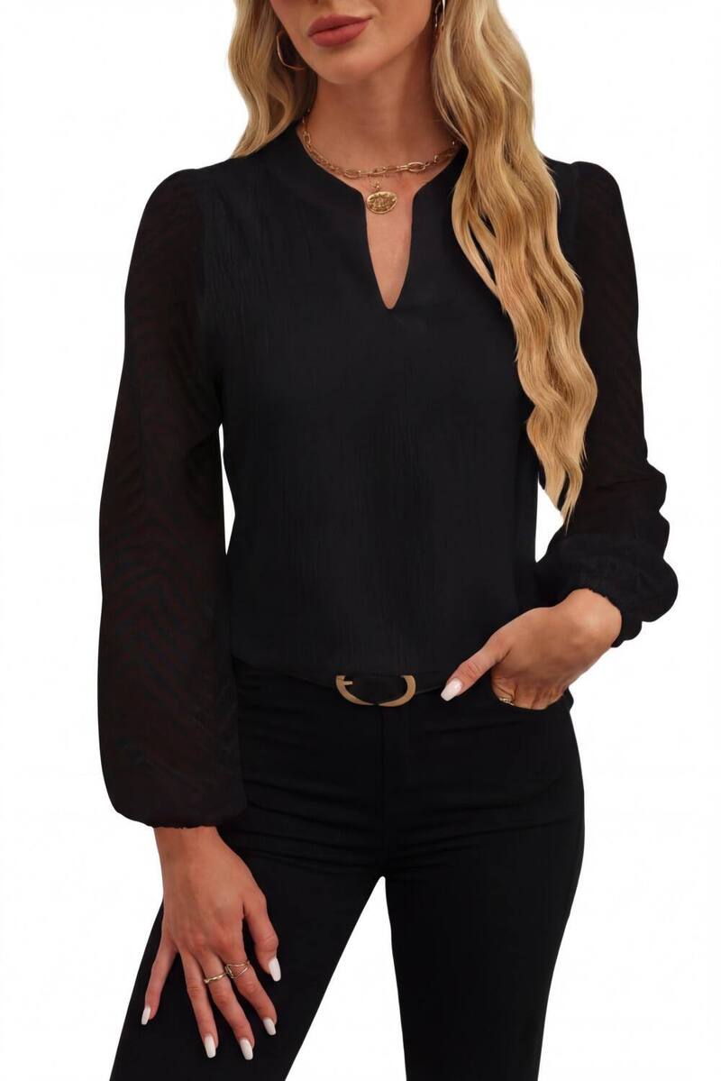 エリートチョイス レディース トップス シャツ Vネック シアー ブラウス Elitechoice Women's Professional V Neck Blouse Sheer Chevron Sleeve Office Tops with Split Neckline Black ブラック｜ReVida 店