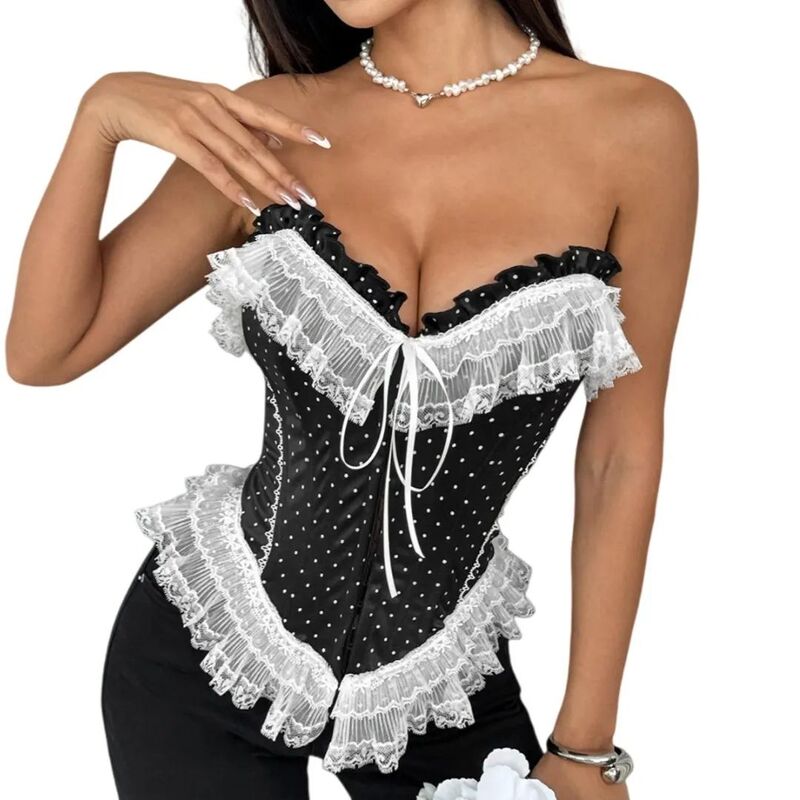 イエスファッション レディース トップス Tシャツ Vネック フリル レース Yesfashion Women Off Shoulder V Neck Lace Ruffle Babydoll Rave Outfits Black ブラック｜ReVida 店