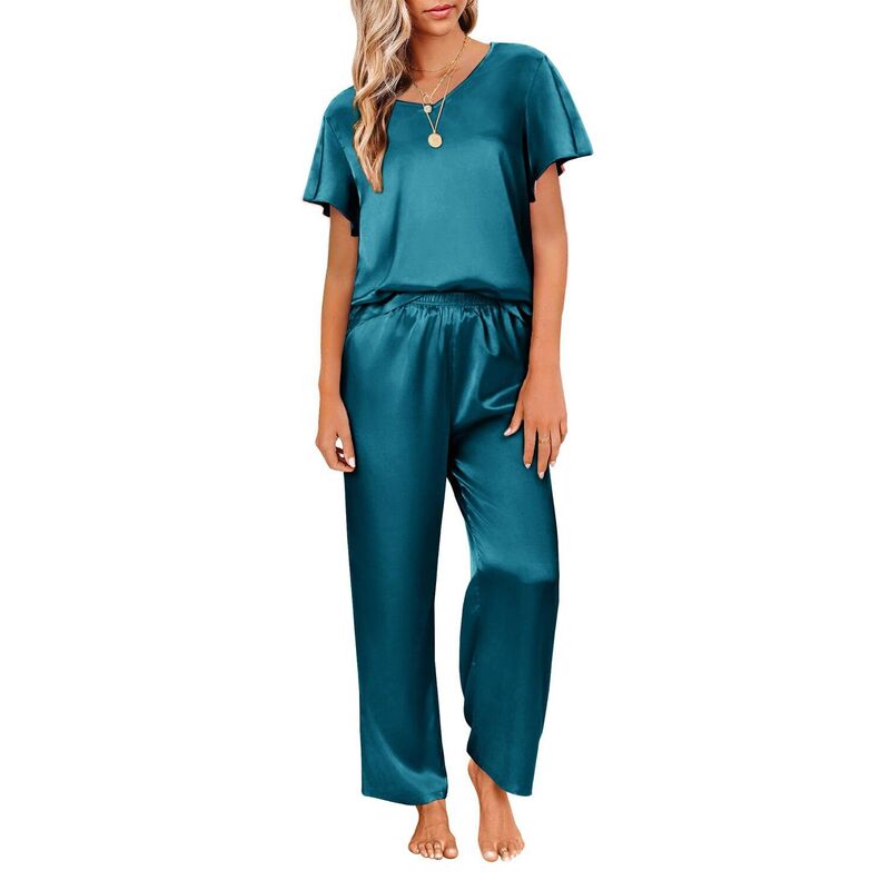 エコアー レディース アンダーウェア ナイトウェア パンツ シャツ サテン シルク Ekouaer Women'satin Silky Pajama Set 2 Piece Short Sleeve Shirt with Long Pants Pjsetsoft PJ Dark Blue ブルー|ReVida 店