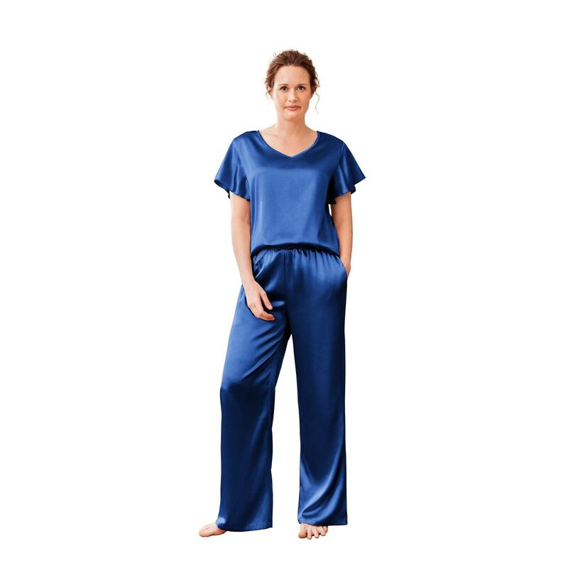 エコアー レディース アンダーウェア ナイトウェア パンツ シャツ サテン シルク Ekouaer Women'satin Silky Pajama Set 2 Piece Short Sleeve Shirt with Long Pants Pjsetsoft PJ Navy Blue ネイビー｜ReVida 店 8,610円