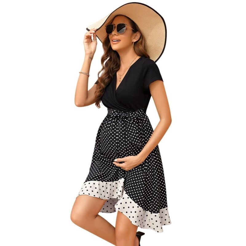 イエスファッション レディース トップス ワンピース フリル裾 フリル マタニティ Yesfashion Women's Maternity Wrap Dress with Short Sleeves and Ruffle Hem Black ブラック｜ReVida 店