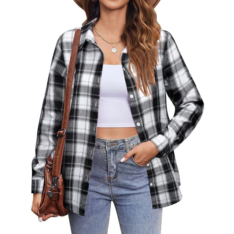 ジーグー レディース トップス シャツ ボタンダウン Zeagoo Women's Plaid Flannel Button Down Shirts Long Sleeve Casual Fall Fashion Tops Gray Blue White ホワイト｜ReVida 店