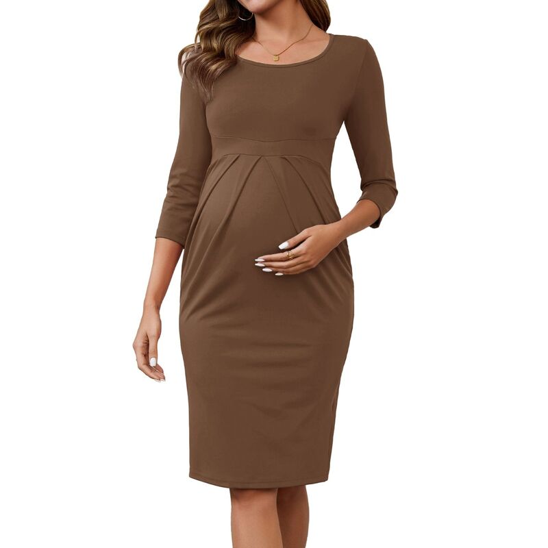 インスパイア シック レディース トップス ワンピース クルーネック プリーツ マタニティ INSPIRE CHIC Women\'s Maternity Dresses Crew Neck 3/4 Sleeves Pleated Office Cocktail Back Zipper Pregnancy Dress Brown ブラウン｜ReVida 店