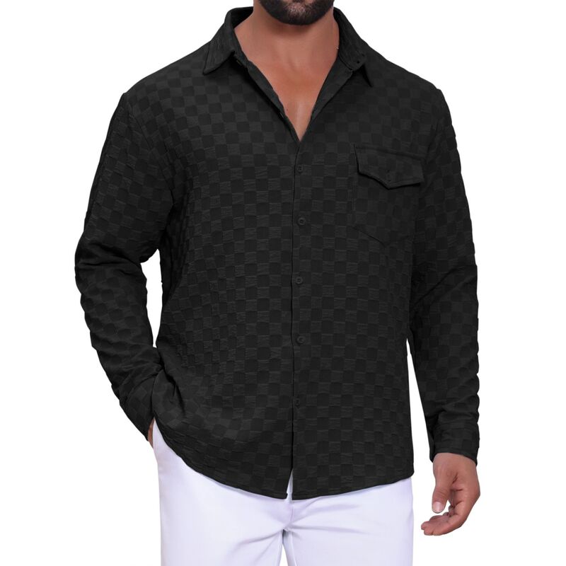 インスパイア シック レディース トップス Tシャツ ボタンダウン INSPIRE CHIC Men's Plaid Textured Shirt Casual Solid Pocket Long Sleeve Button Down Shirt Black ブラック|ReVida 店