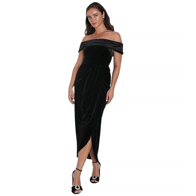 イエスファッション レディース トップス ワンピース ミディ ベルベット Yesfashion Women's Velvet Midi off-the-shoulder Evening Dress with Slit Hem Dress Black ブラック｜ReVida 店
