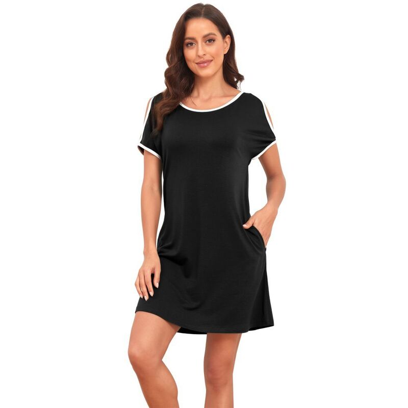 イエスファッション レディース アンダーウェア ナイトウェア シャツ Yesfashion Women'short Sleeve Pajama Dressoft Sleep Shirt Nightgown Scoopneck Sleepwear with Pockets Black ブラック|ReVida 店