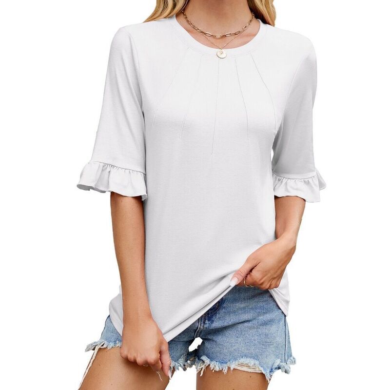 イエスファッション レディース トップス シャツ シャーリング ブラウス Yesfashion Blouses for Women Elbow Sleeve Tops Causal Elegant Smocked Ruff Loose Fit Summer Tops White ホワイト|ReVida 店