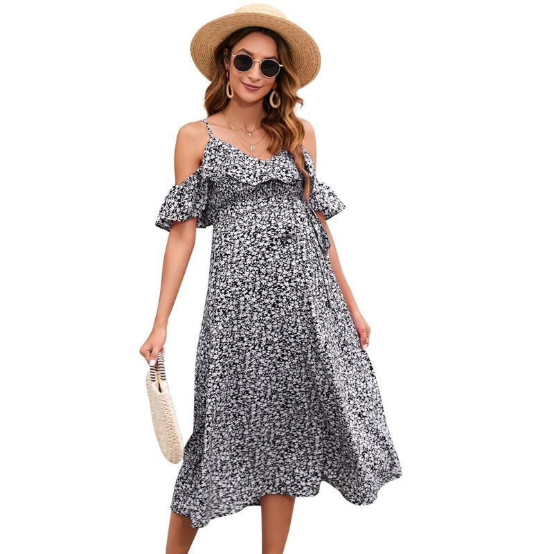 セオリア レディース トップス ワンピース ミディ マタニティ Seoria Women Maternity Dress Midi Flowy Flutter Sleeve with Tie Straps Dress Black ブラック|ReVida 店