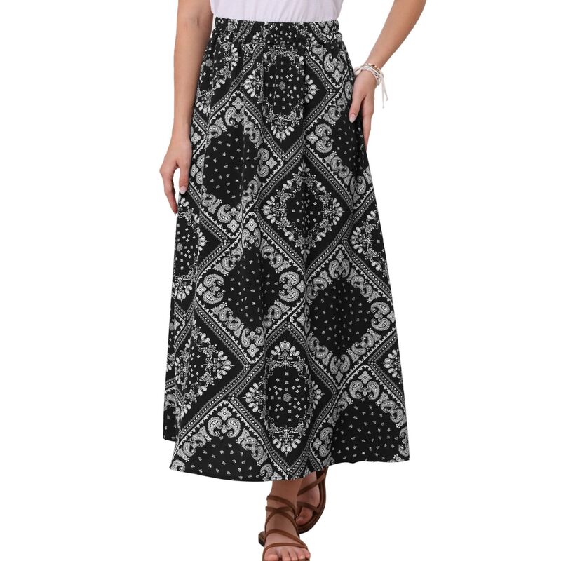 インスパイア 今めかしい レディース 下つ方スコート 御機嫌酉の方角 刷り上げる マキシ INSPIRE CHIC Summer Maxi Skirts for Women Paisley Print Elastic High Waist Boho Flowy Beach Skirt Black 黒いこと