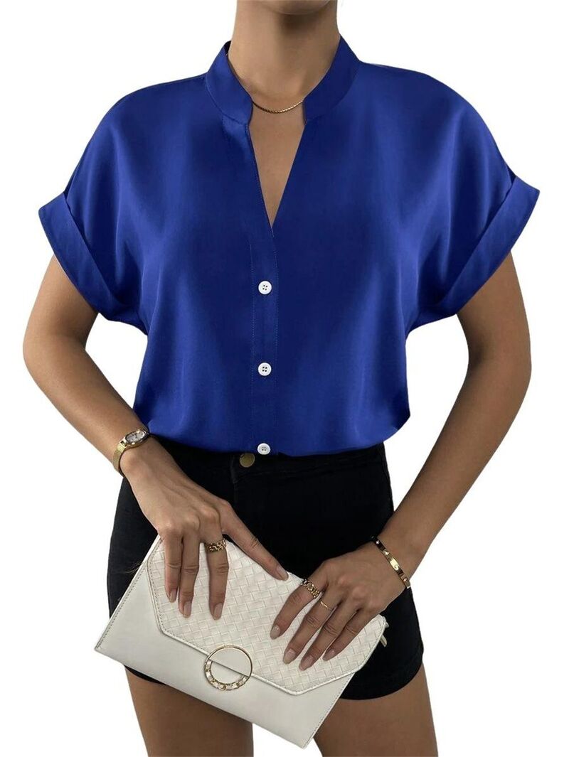 ファンジュライ レディース トップス シャツ ボタンダウン FUNJULY Women'short Sleeve Button Down Shirt Casual Tops Blue ブルー|ReVida 店