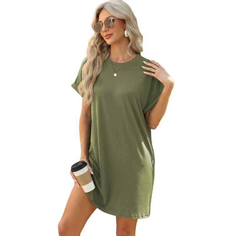 セオリア レディース トップス ワンピース クルーネック ミニ シャツ Seoria Womenshirt Dressummer Casual Short Sleeve Crewneck Mini Dresses with Pocket Army Green グリーン|ReVida 店