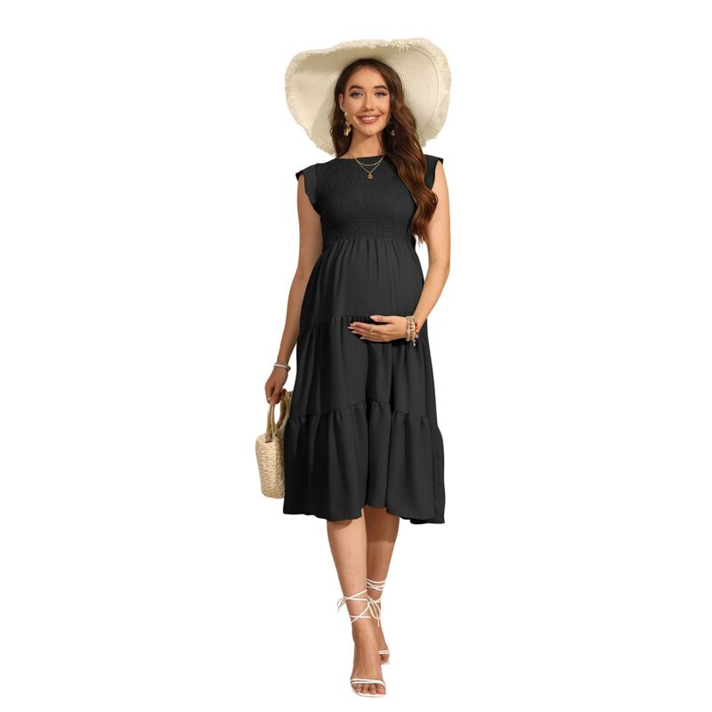 コジョイン レディース トップス ワンピース ティアード シャーリング マタニティ マキシ Kojooin Women's Maternity Casualoose Plain Maxi Sundressmocked Tank Dress Beach Tiered Long Dresses Black ブラック｜ReVida 店