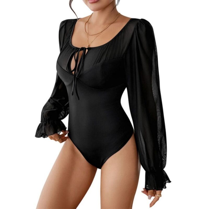 イエスファッション レディース トップス Tシャツ メッシュ ボディースーツ Yesfashion Women Puff Long Sleeve Bodysuit Mesh Square Neck Tied Corset Body Suitspring Summer Leotards Black ブラック｜ReVida 店