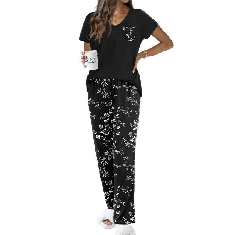 エコアー レディース アンダーウェア ナイトウェア Vネック パンツ Ekouaer Pajama Sets for Women Short Sleeve Pj Set V Neck Sleepwear Chest Pocket with Long Pants Black Print ブラック｜ReVida 店