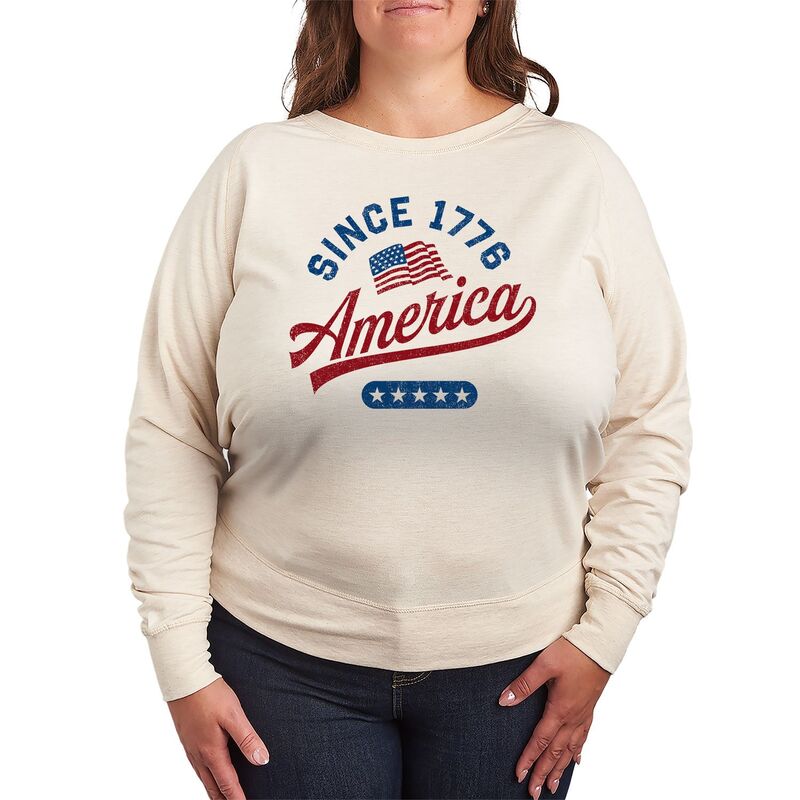 アニメ文字記号 レディース トップス プルオーバー 足し加える大きさ パイル LICENSED CHARACTER Women\u0027s Plus America Since 1776 French Terry Long Sleeve Tee Beige ベージュ