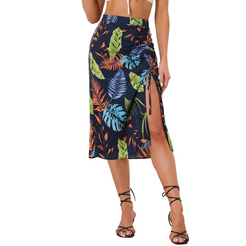 アレグラ ケー レディース 下つ方スコート ギャザー ALLEGRA K Women\u0027s Hawaiian Skirts Beach Ruched Frontropical Skirt with Slit Navy Blue 米国海軍