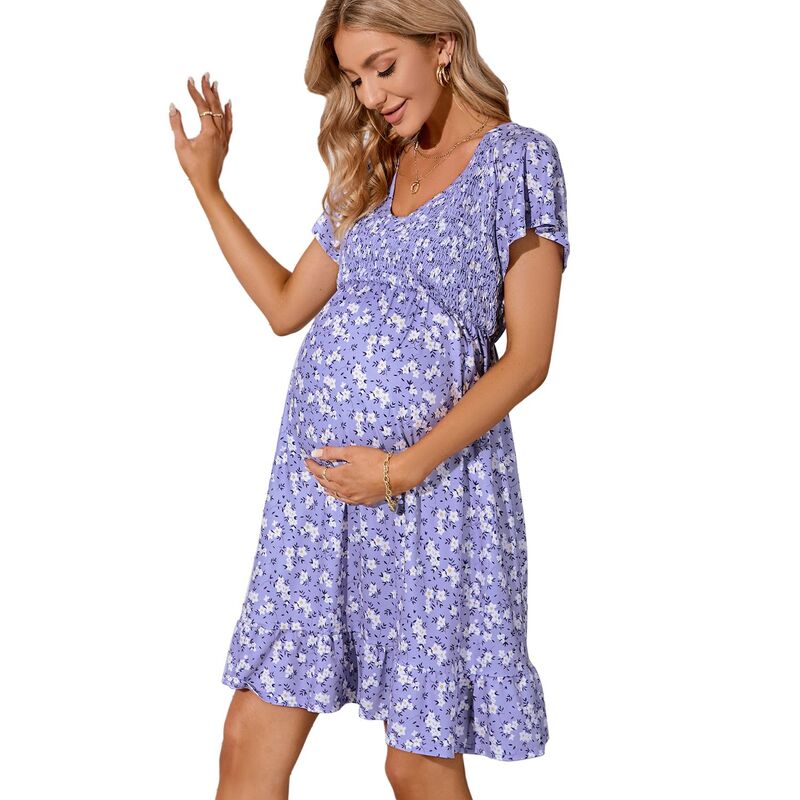 イエスファッション レディース トップス ワンピース Vネック ミディ シャーリング マタニティ Yesfashion Women's Maternity Smocked Short Sleeve Summer Dress V Neck Casual Midi Dress Baby Shower Photoshoot Purple White Flower ホワイト|ReVida 店