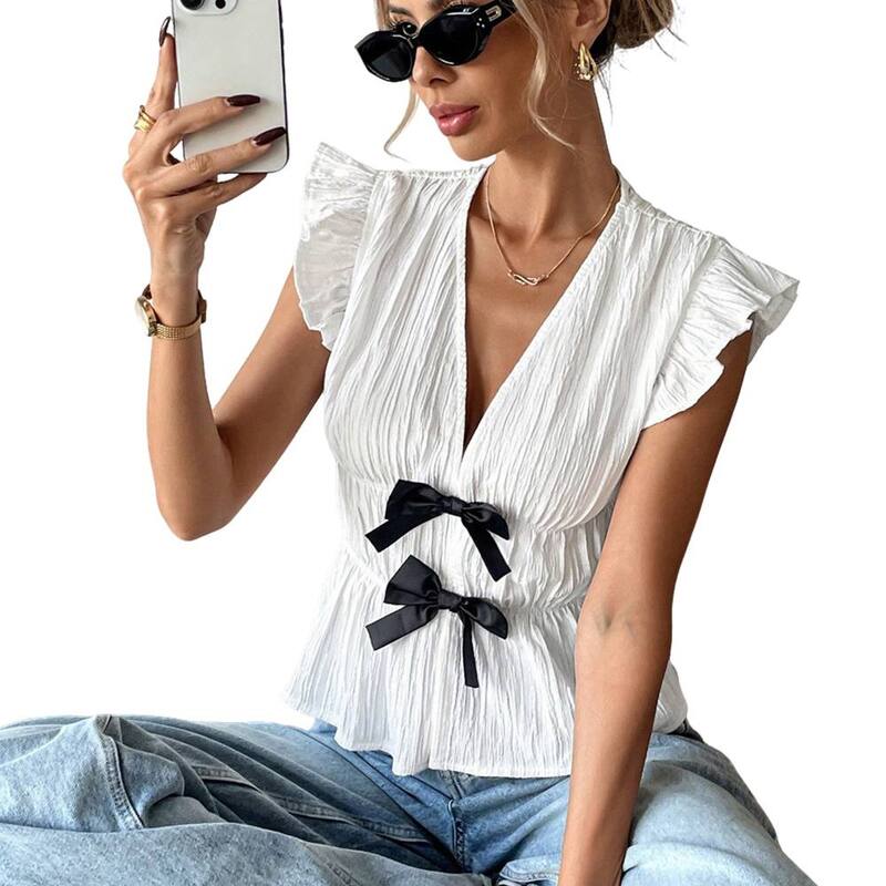 クリアフラワー レディース トップス シャツ Vネック フリル ブラウス ClearFlower Women's V-Neck Peplum Blouse with Bows Ruffled Short Sleeveshirt White ホワイト｜ReVida 店