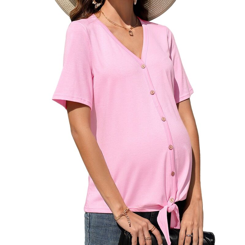 クリアフラワー レディース トップス シャツ Vネック マタニティ ClearFlower Women's Maternity Top V Neck Short Sleeve Button Front Pregnancy Shirt for Casual Daily Wear Pink ピンク|ReVida 店
