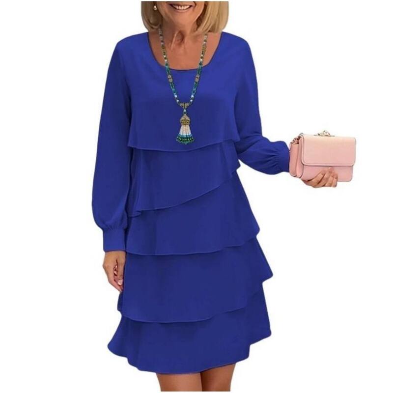 イエスファッション レディース トップス ワンピース ティアード ひざ丈 フリル Yesfashion Women's Long Sleeve Tieredress Elegant Knee Length Ruffle Layered Swing Dresses Blue ブルー｜ReVida 店