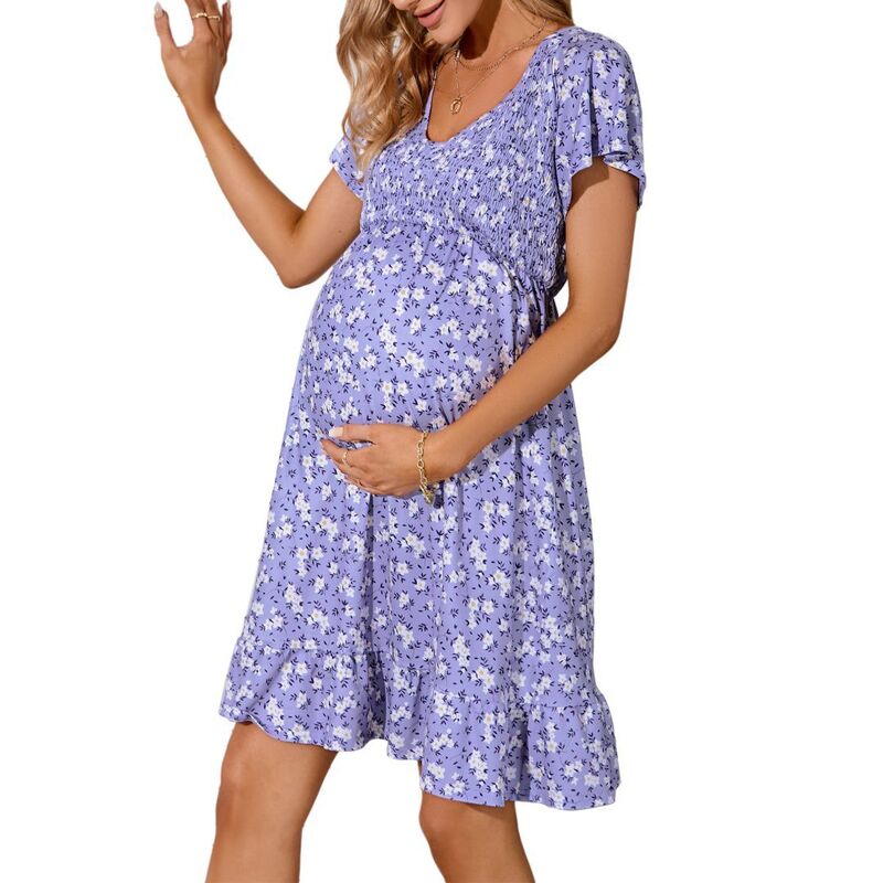 イエスファッション レディース トップス ワンピース Vネック フリル ミディ シャーリング エンパイア マタニティ Yesfashion Women Maternity Dress Midi Ruffle V-Neck Flowy Smocked Empire Waist Casual Pregnant Purple White ホワイト|ReVida 店