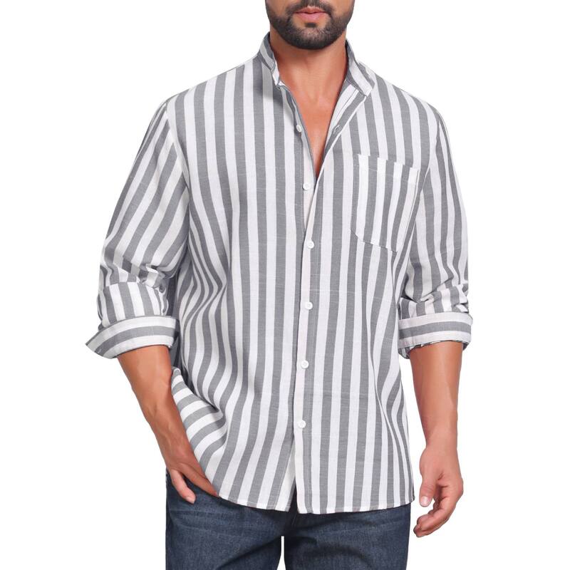 インスパイア シック レディース トップス Tシャツ ボタンダウン INSPIRE CHIC Men'stand Collar Shirts Long Sleeve Button Down Stripedresshirt with Chest Pocket Gray グレー|ReVida 店
