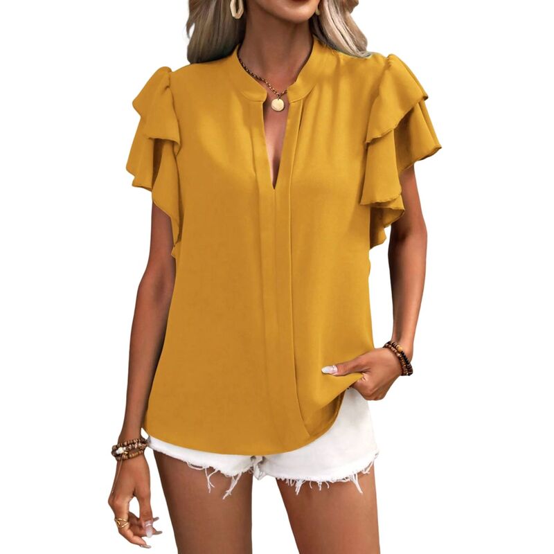 セオリア レディース トップス シャツ Vネック Seoria Women's V-neck casual double-layer lotus leaf sleeve solid color shirt Sunflower|ReVida 店