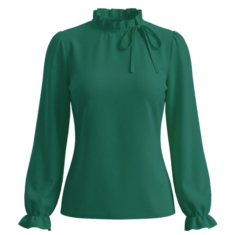 インスパイア シック レディース トップス シャツ フリル ブラウス INSPIRE CHIC Women'spring Blouse Long Sleeve Ruffle Tie Neck Business Work Dressy Office Top Dark Green グリーン｜ReVida 店