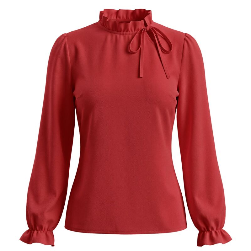 インスパイア シック レディース トップス シャツ フリル ブラウス INSPIRE CHIC Women'spring Blouse Long Sleeve Ruffle Tie Neck Business Work Dressy Office Top Dark Red レッド｜ReVida 店