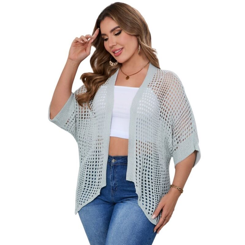 イエスファッション レディース アウター ニット・セーター プラスサイズ カーディガン Yesfashion Women Plusize Lightweight Crochet Short Sleeve Kimonos Bohopen Front Knitted Cardigans Blue ブルー|ReVida 店