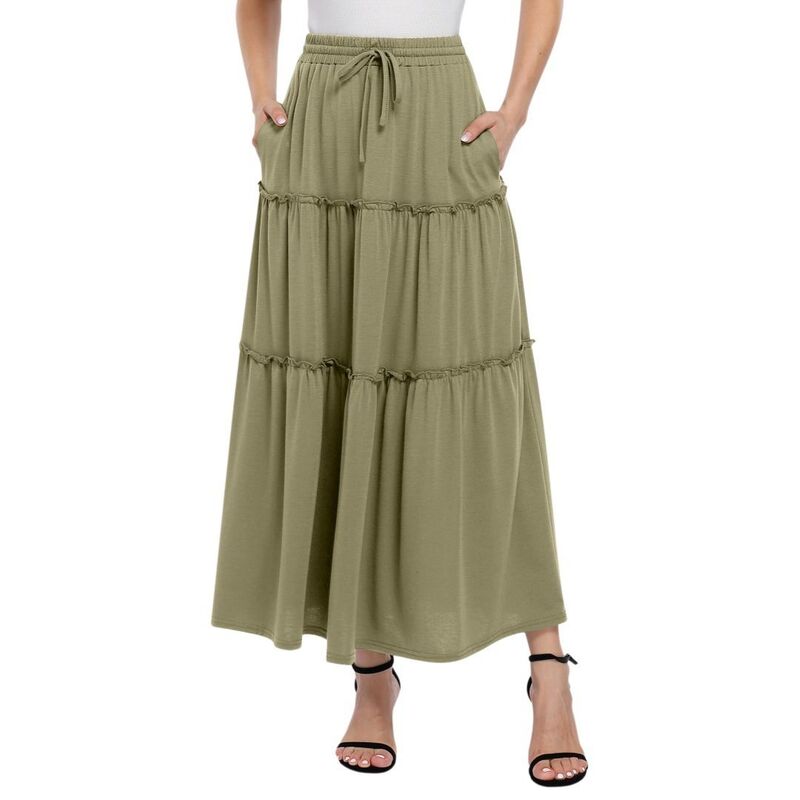救い主流行り物 レディース 下つ方スコート 御機嫌酉の方角 筋目 フラウンス マキシ Yesfashion Women\u0027s Maxi Skirtrendy High Waist Pleated Ruffle Long Flowy Beach Boho Skirt Dress with Pockets Green 緑であること