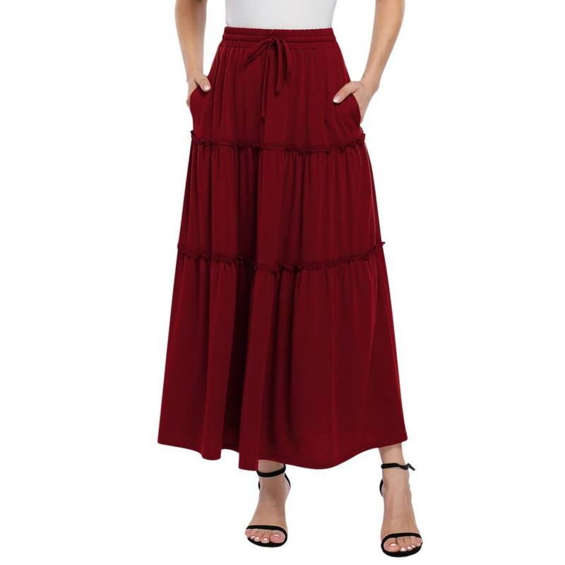 救い主流行り物 レディース 下つ方スコート 御機嫌酉の方角 筋目 フラウンス マキシ Yesfashion Women\u0027s Maxi Skirtrendy High Waist Pleated Ruffle Long Flowy Beach Boho Skirt Dress with Pockets Wine Red 赤いこと