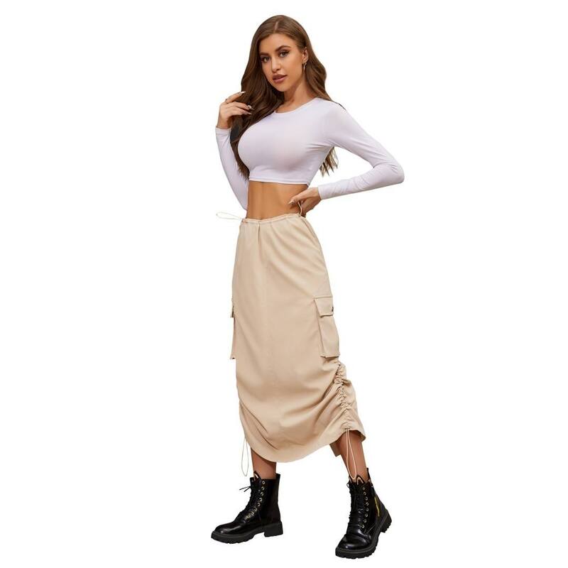 救い主流行り物 レディース 下つ方スコート ヴィンテージ ギャザー マキシ Yesfashion Women Y2k Cargo Lowaist Drawstring Ruched Vintage Slit Cargo Maxi Skirt with Pockets Apricot 杏