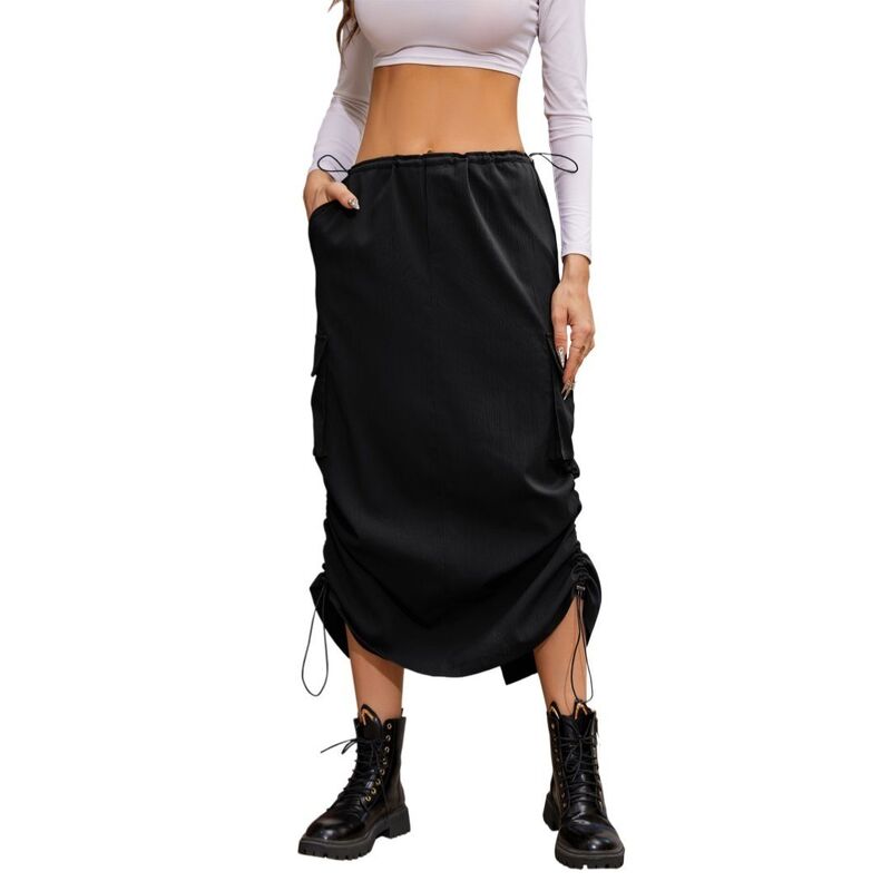 救い主流行り物 レディース 下つ方スコート ヴィンテージ ギャザー マキシ Yesfashion Women Y2k Cargo Lowaist Drawstring Ruched Vintage Slit Cargo Maxi Skirt with Pockets Black 黒いこと