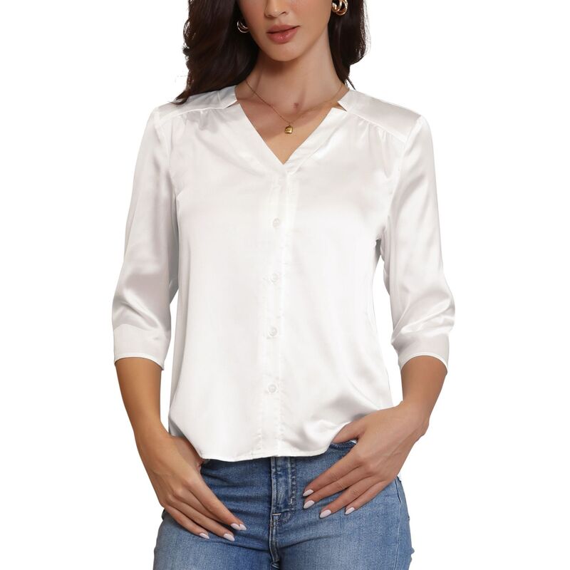 インスパイア シック レディース トップス シャツ Vネック ボタンダウン サテン ダウン ブラウス INSPIRE CHIC Satin Blouse for Women'split V Neck 3/4 Sleeve Button Down Shirt White ホワイト|ReVida 店