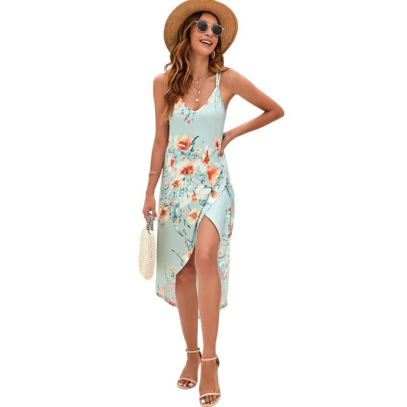 イエスファッション レディース トップス ワンピース ミディ Yesfashion Women'splithigh Spaghetti Strap Camidi Dress Vacation Outfits Green Red Flower レッド|ReVida 店