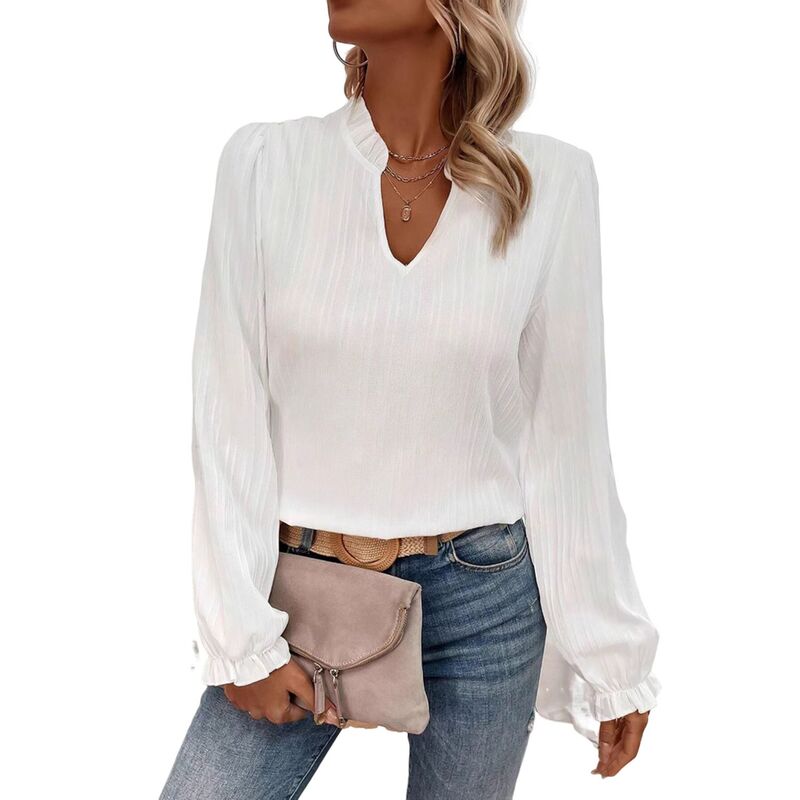 セオリア レディース トップス シャツ Vネック ブラウス Seoria Womens Blouses Dressy Casual Flowy Boho Tops V Neck Long Sleeve Shirts White ホワイト|ReVida 店