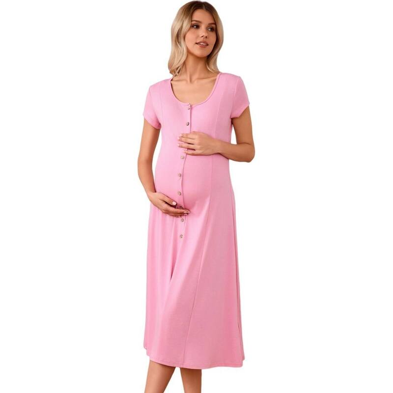 イエスファッション レディース トップス ワンピース ボタンダウン マタニティ Yesfashion 3-in-1 Maternity Dress for Labor/Delivery/Hospital Breastfeeding Button Down Soft Gown Babyshower Pink ピンク｜ReVida 店